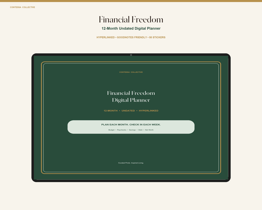 Financial Freedom 12-Month Undated Hyperlinked Digital Planner + Stickers