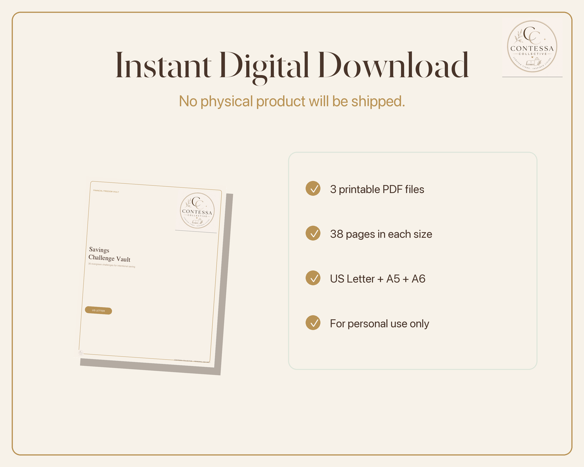 Financial Freedom Savings Challenge Vault - 30 Printable Challenges
